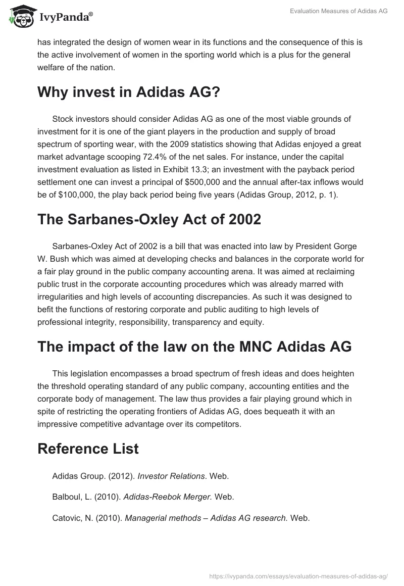 Evaluation Measures of Adidas AG. Page 2