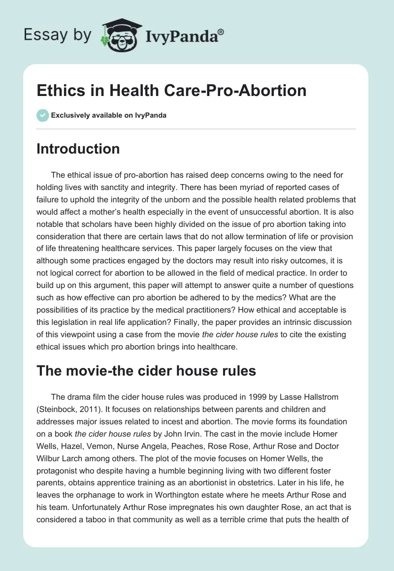 Ethics in Health Care-Pro-Abortion. Page 1