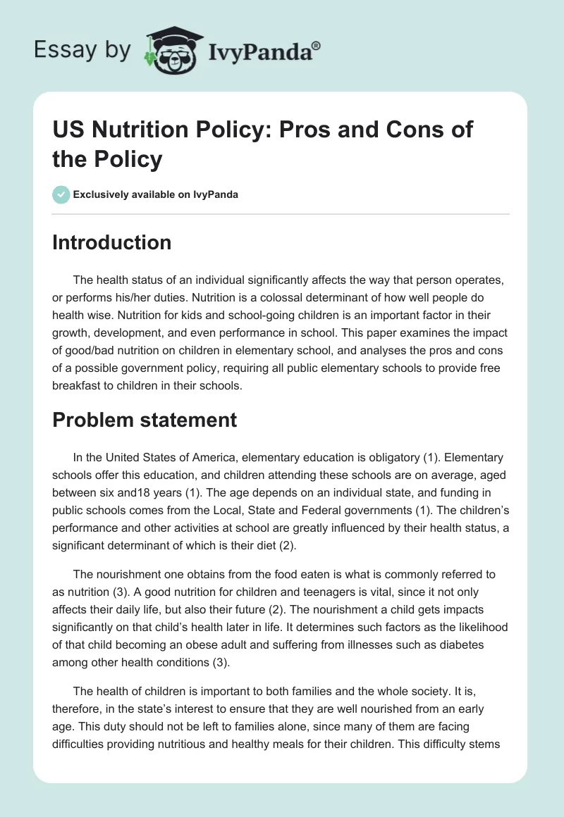 US Nutrition Policy: Pros and Cons of the Policy. Page 1