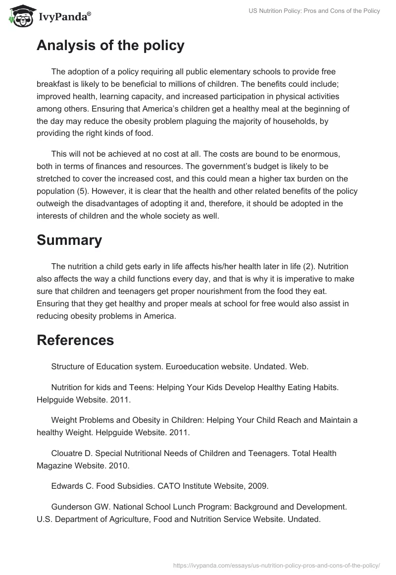 US Nutrition Policy: Pros and Cons of the Policy. Page 4
