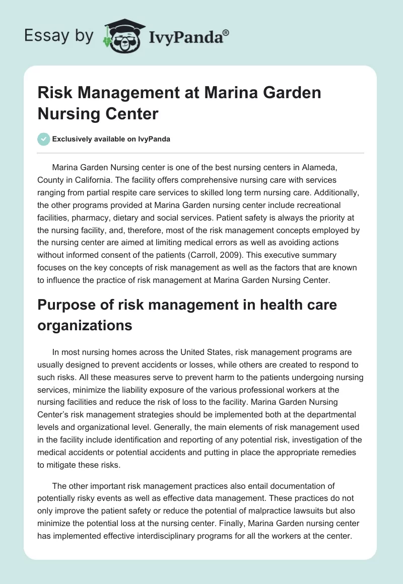Risk Management at Marina Garden Nursing Center. Page 1