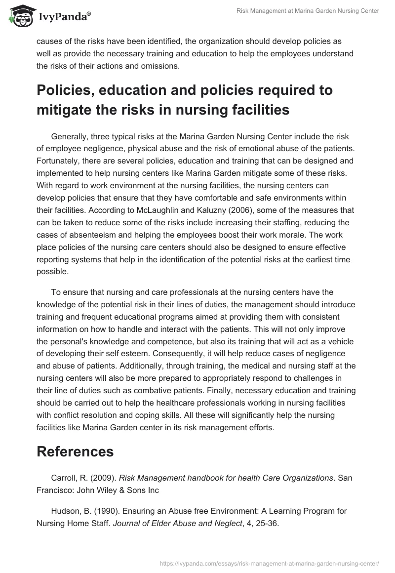 Risk Management at Marina Garden Nursing Center. Page 3