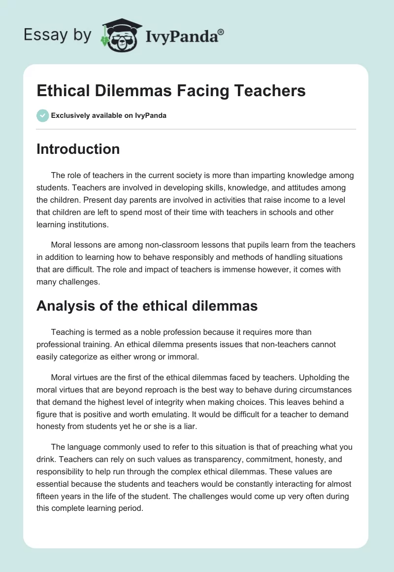 Ethical Dilemmas Facing Teachers. Page 1