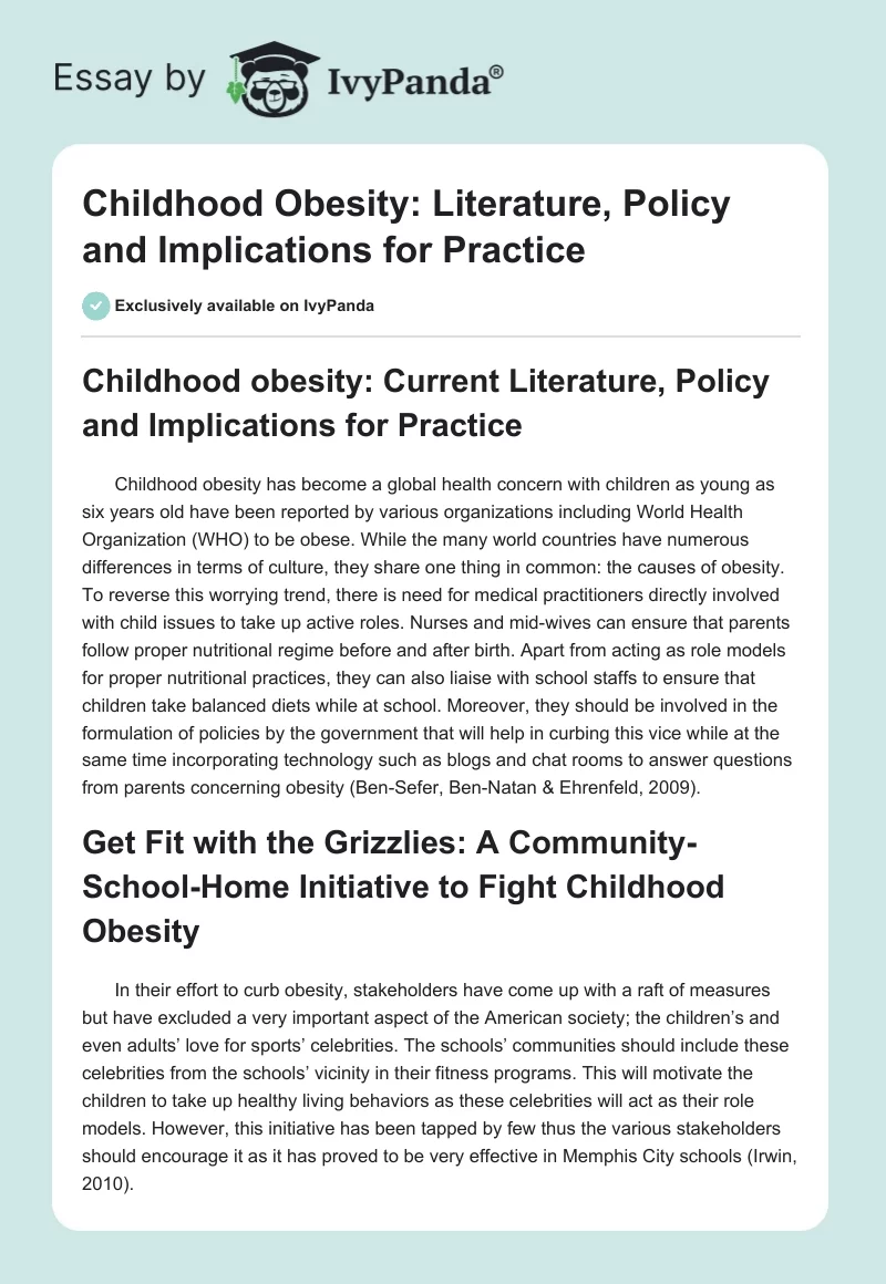 Childhood Obesity: Literature, Policy and Implications for Practice. Page 1
