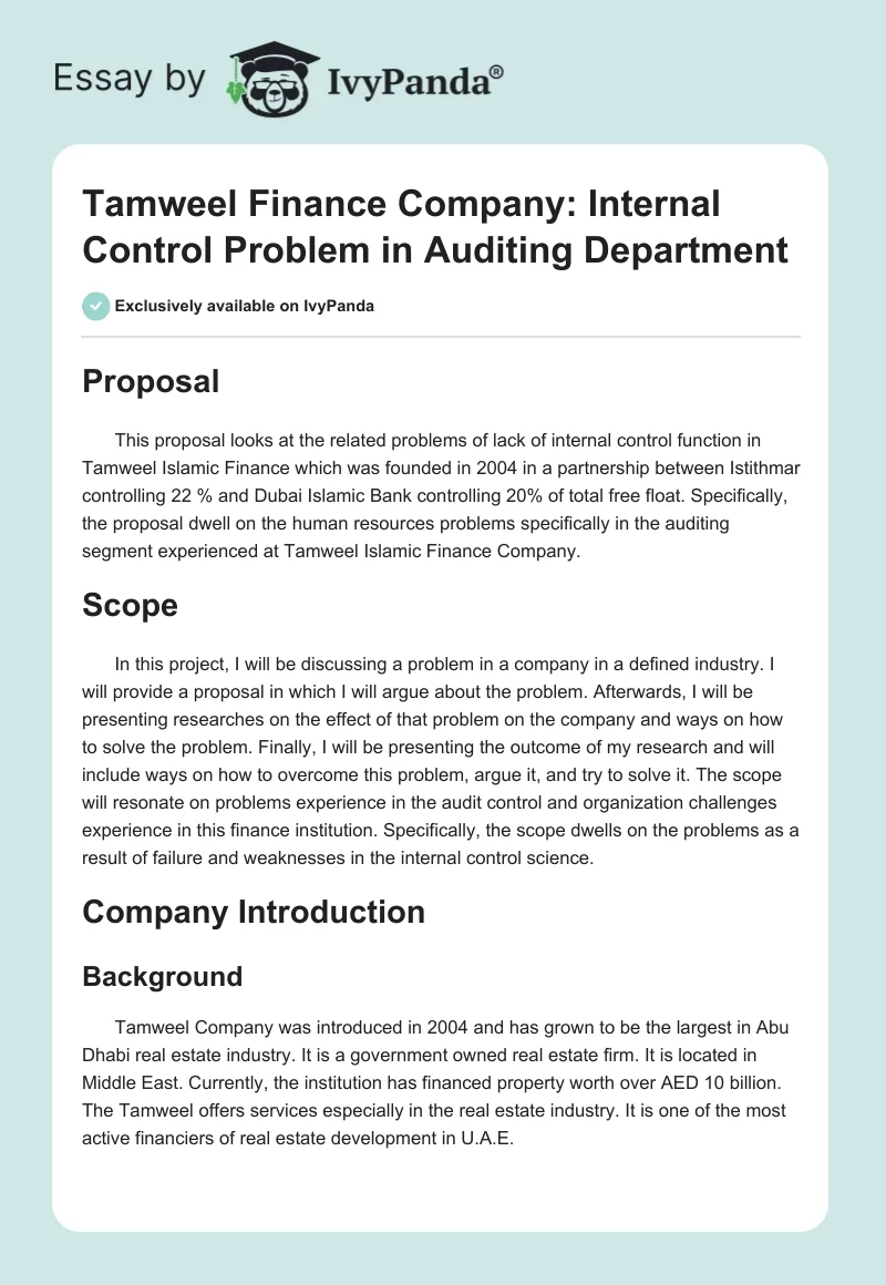 Tamweel Finance Company: Internal Control Problem in Auditing Department. Page 1