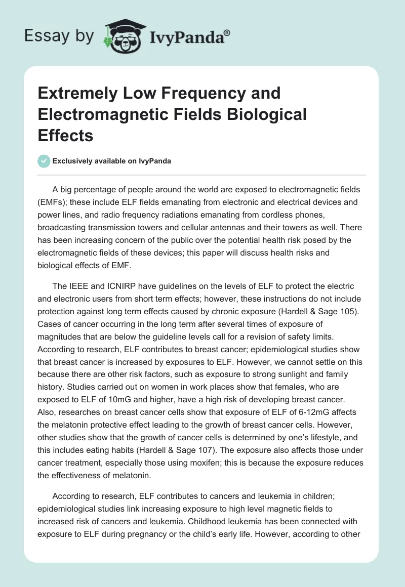 Extremely Low Frequency and Electromagnetic Fields Biological Effects. Page 1