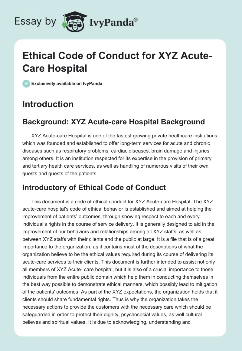 Ethical Code of Conduct for XYZ Acute-Care Hospital. Page 1