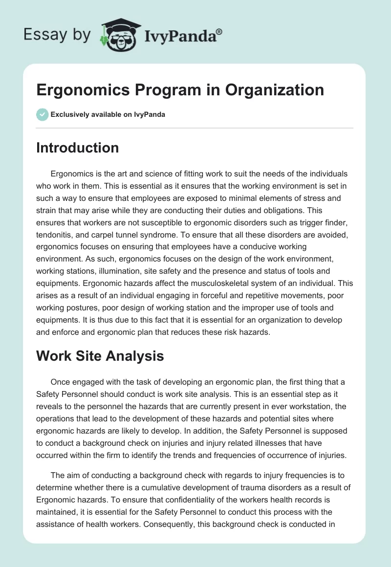 Ergonomics Program in Organization. Page 1