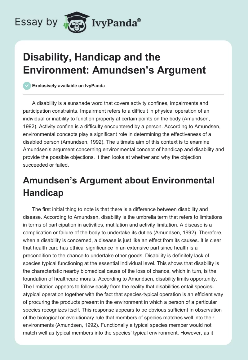 Disability, Handicap and the Environment: Amundsen’s Argument. Page 1