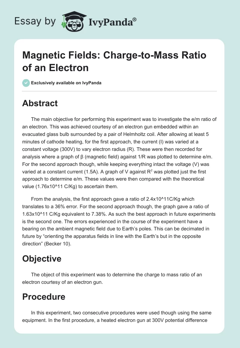 Magnetic Fields: Charge-to-Mass Ratio of an Electron. Page 1