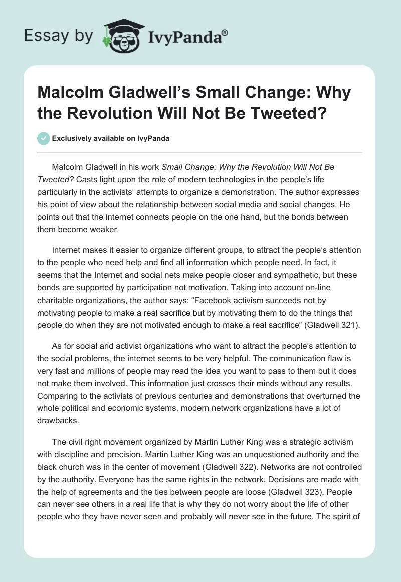 Malcolm Gladwell’s Small Change: Why the Revolution Will Not Be Tweeted?. Page 1