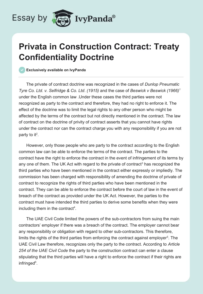 Privata in Construction Contract: Treaty Confidentiality Doctrine. Page 1