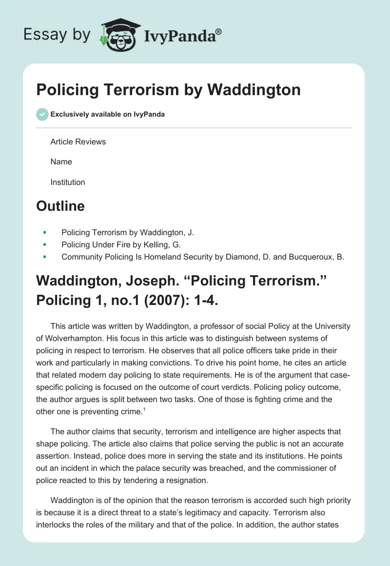 "Policing Terrorism" by Waddington. Page 1