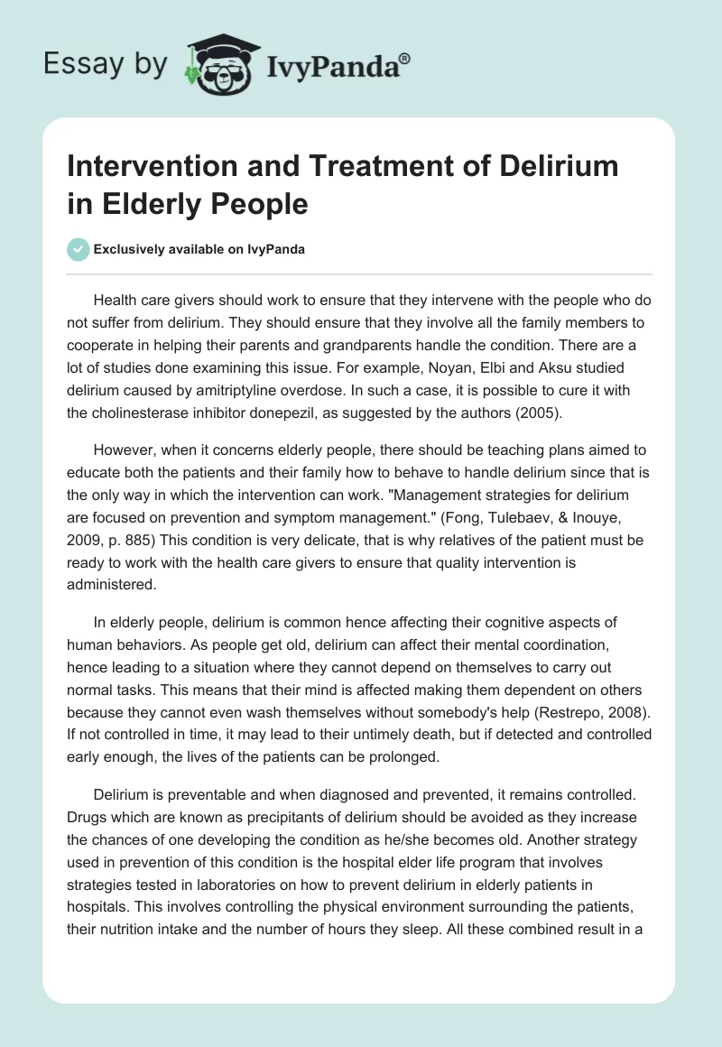 Intervention and Treatment of Delirium in Elderly People. Page 1