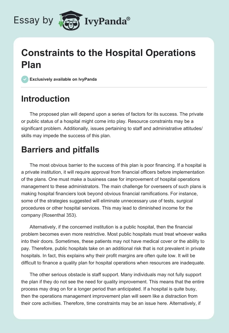 Constraints to the Hospital Operations Plan. Page 1