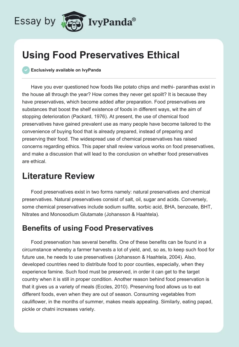 Using Food Preservatives Ethical. Page 1