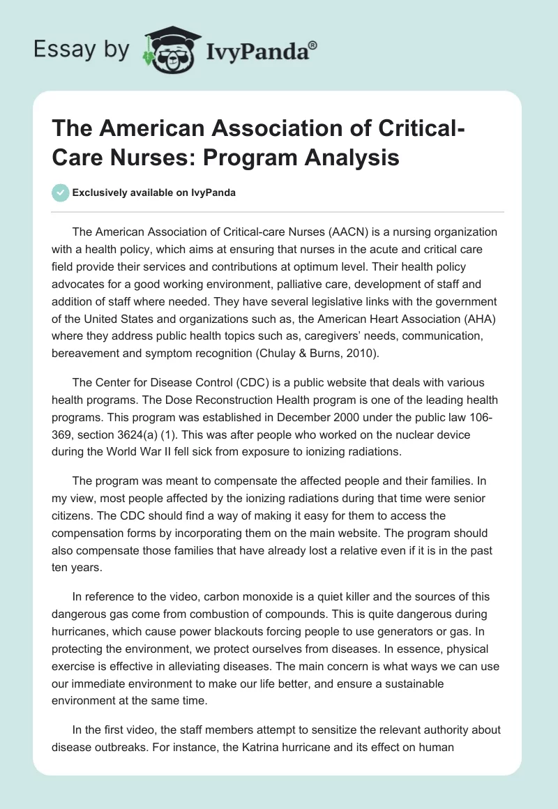The American Association of Critical-Care Nurses: Program Analysis. Page 1