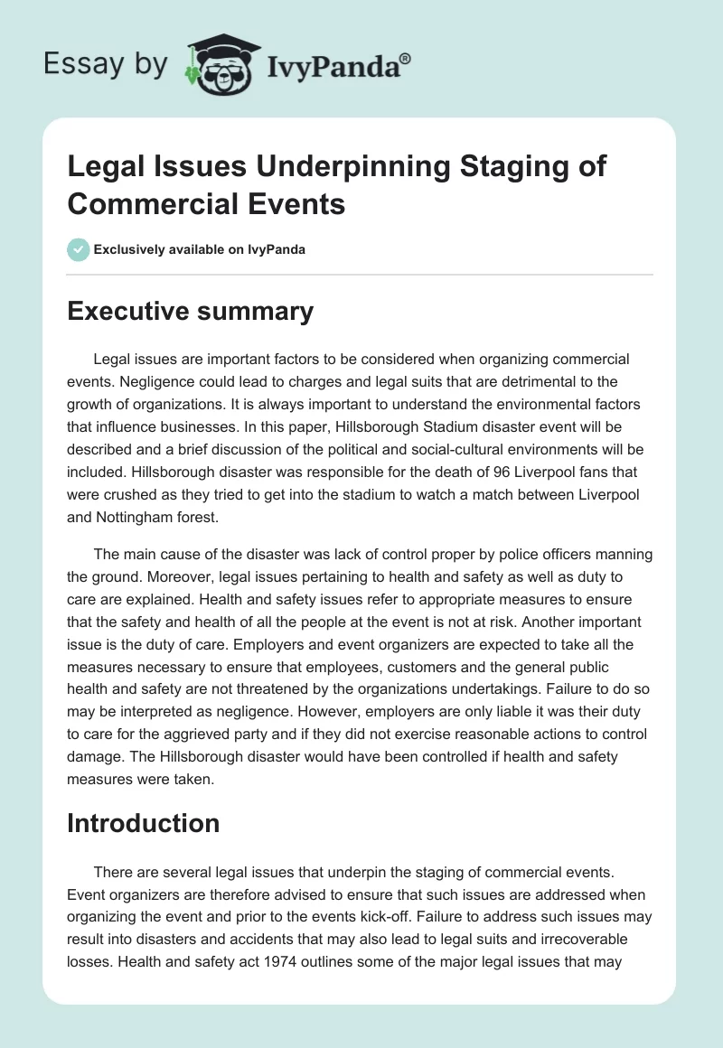 Legal Issues Underpinning Staging of Commercial Events. Page 1