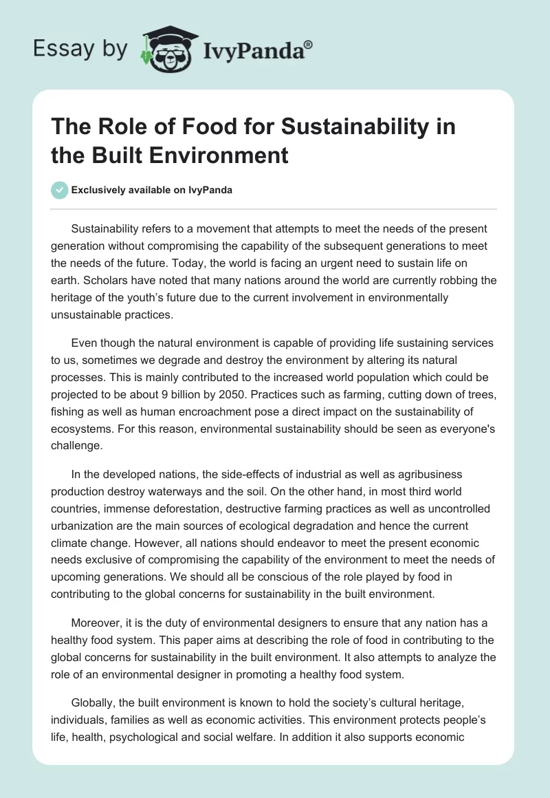 The Role of Food for Sustainability in the Built Environment. Page 1