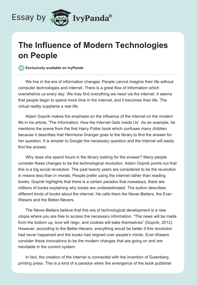 The Influence of Modern Technologies on People. Page 1
