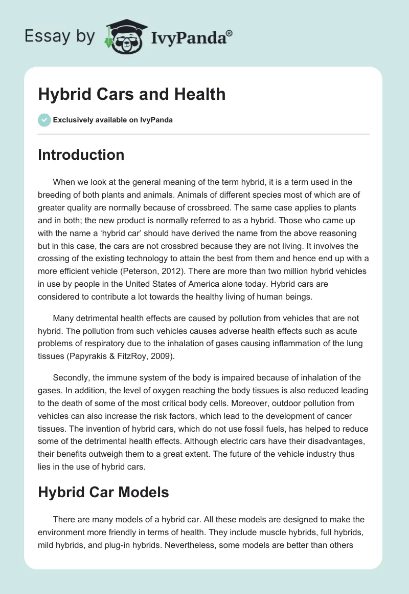 Hybrid Cars and Health. Page 1
