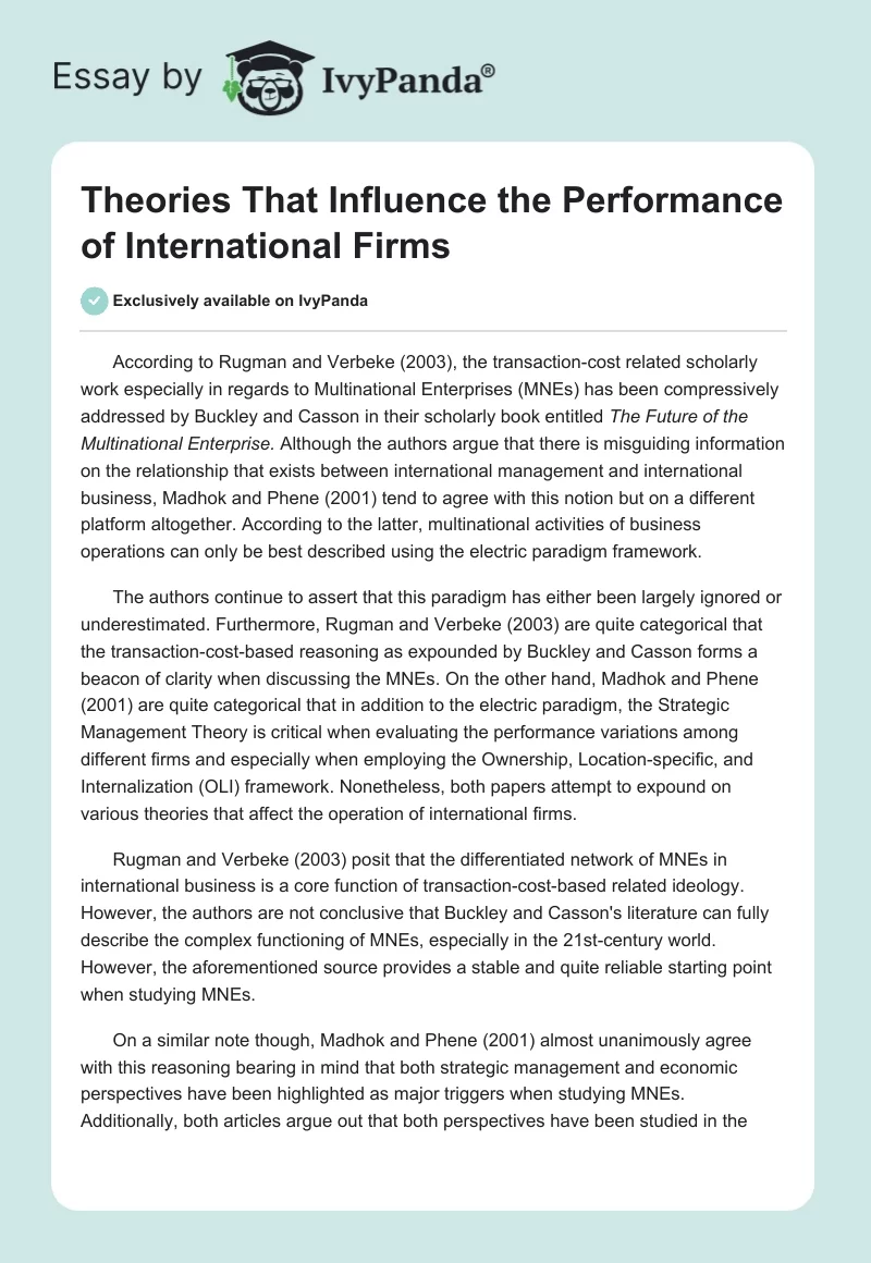 Theories That Influence the Performance of International Firms. Page 1