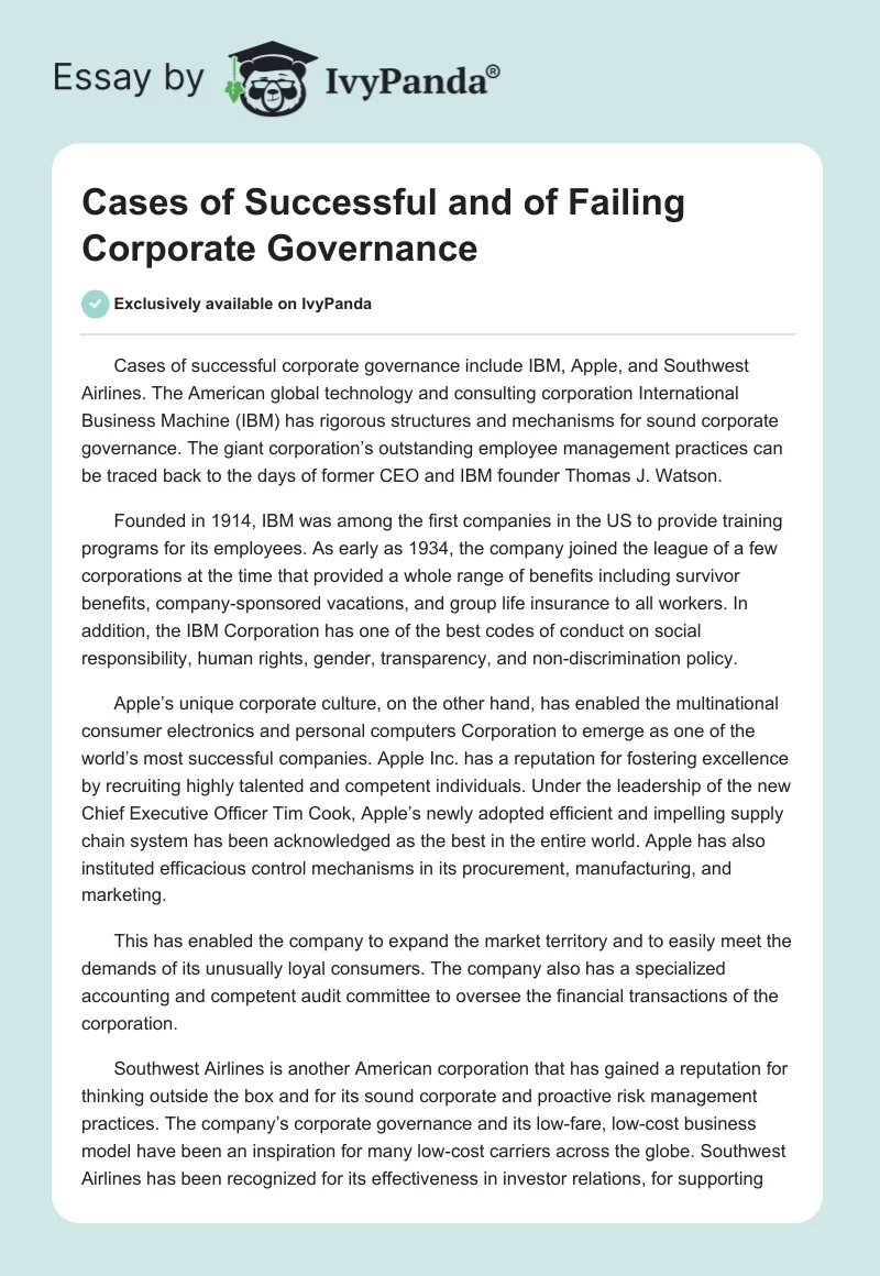 Cases of Successful and of Failing Corporate Governance. Page 1