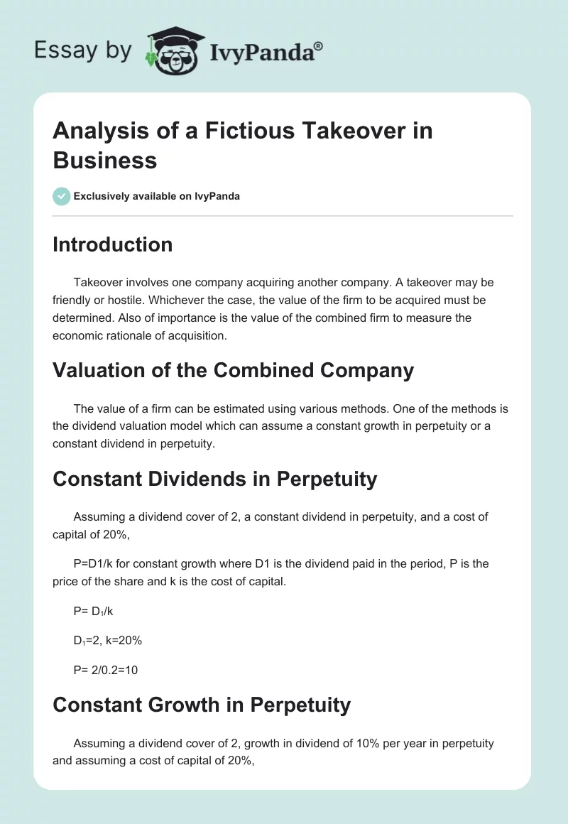 Analysis of a Fictious Takeover in Business. Page 1