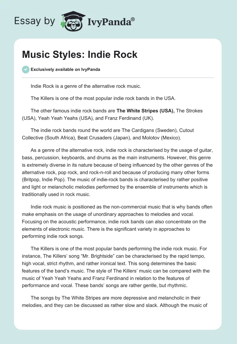 Music Styles: Indie Rock. Page 1