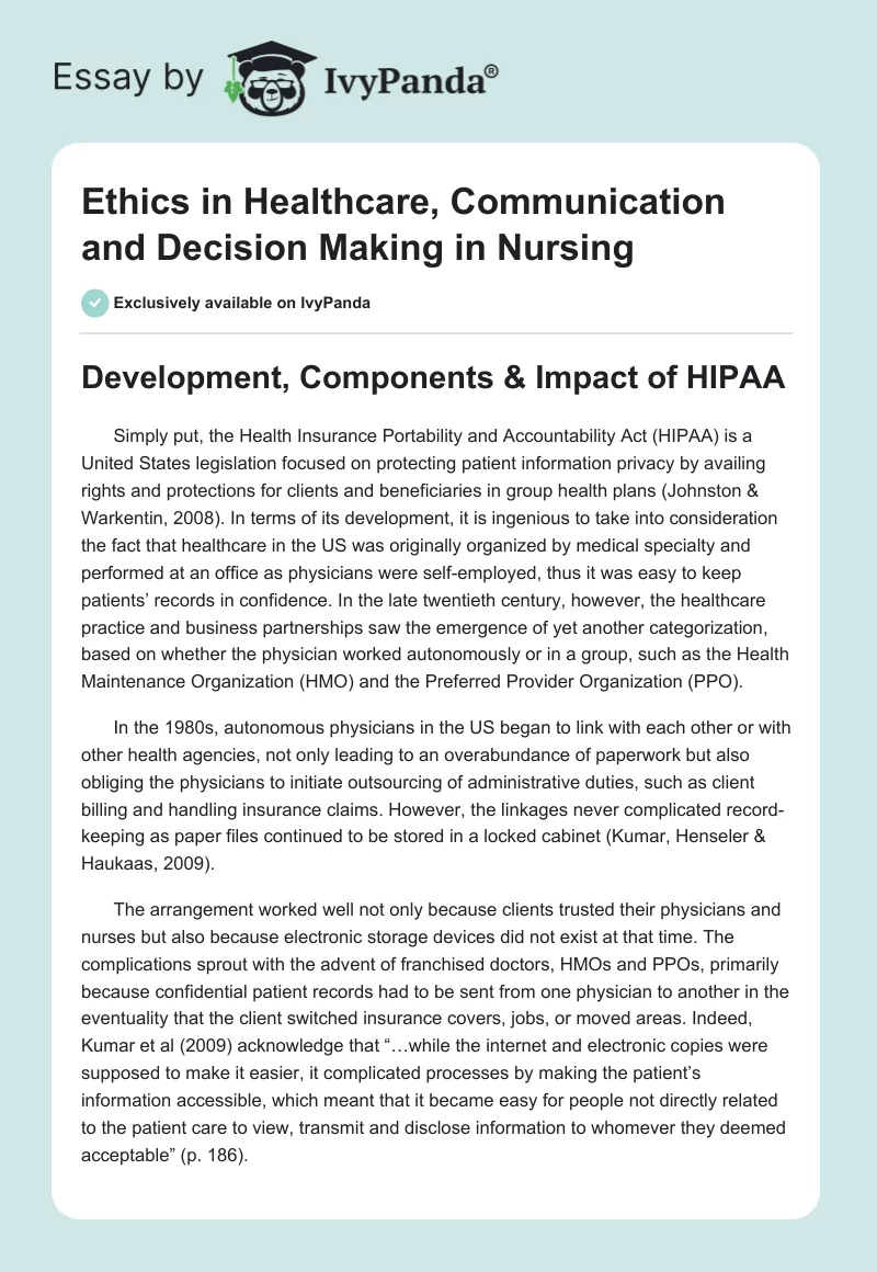 Ethics in Healthcare, Communication and Decision Making in Nursing. Page 1