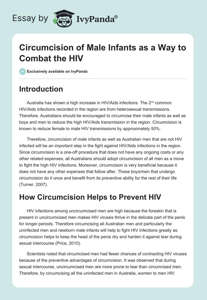 Circumcision of Male Infants as a Way to Combat the HIV. Page 1