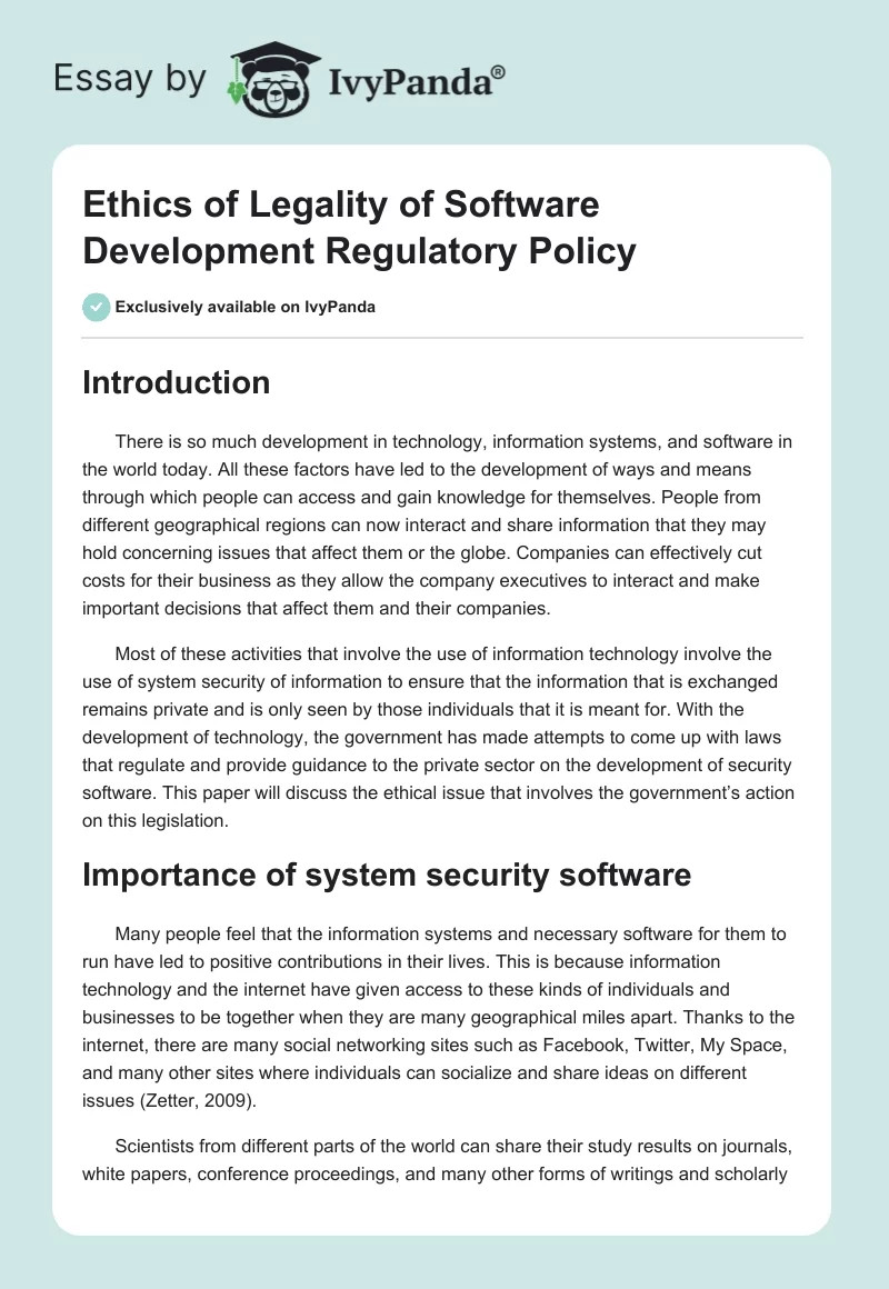 Ethics of Legality of Software Development Regulatory Policy. Page 1