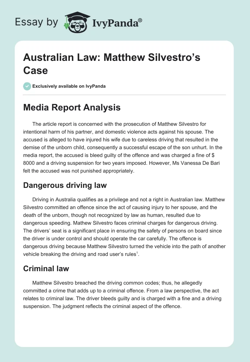 Australian Law: Matthew Silvestro’s Case. Page 1