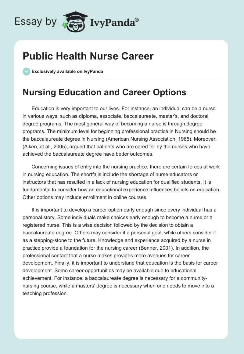 Public Health Nurse Career. Page 1