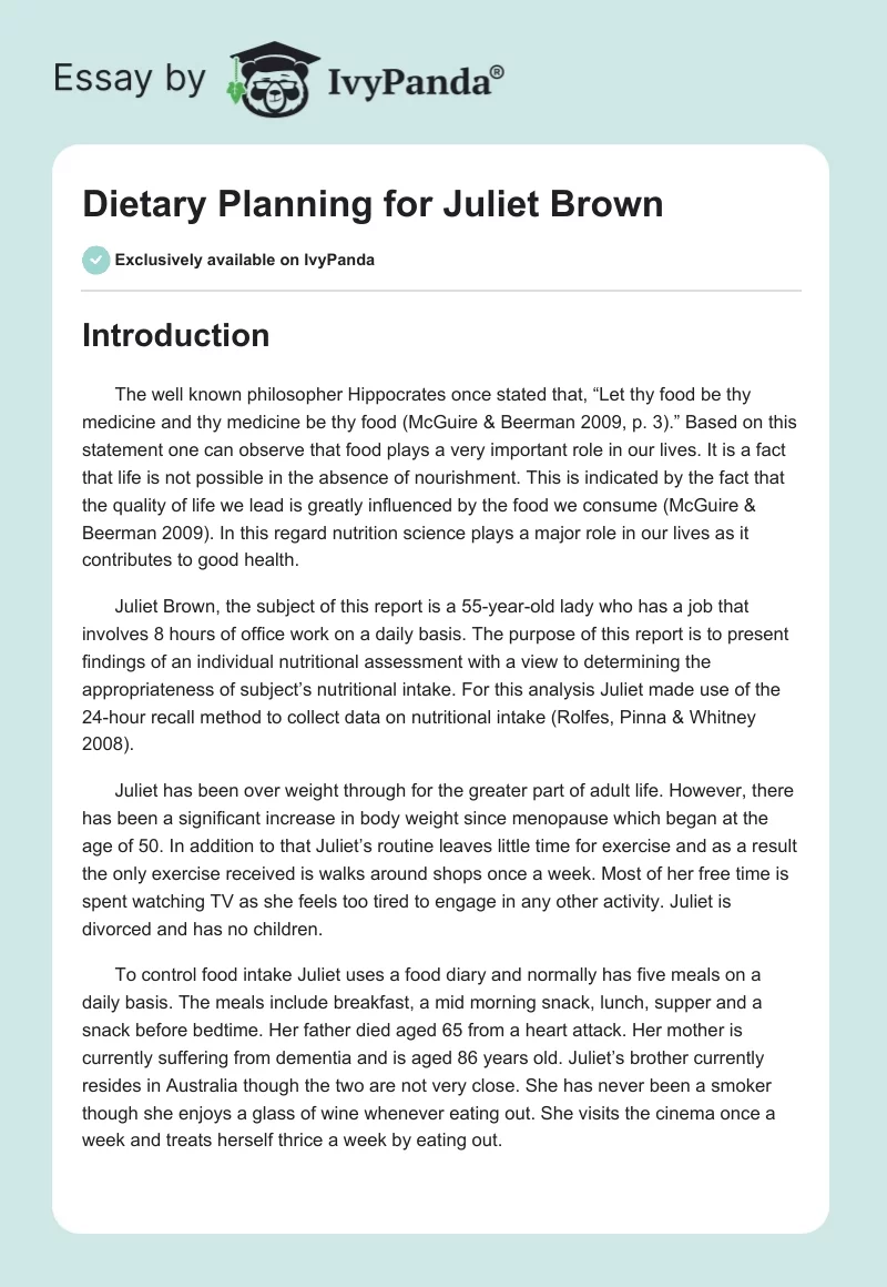 Dietary Planning for Juliet Brown. Page 1