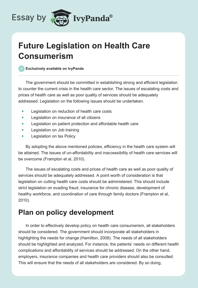 Future Legislation on Health Care Consumerism. Page 1
