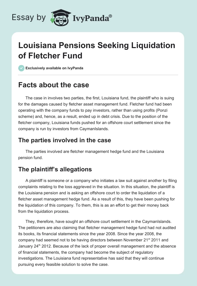 Louisiana Pensions Seeking Liquidation of Fletcher Fund. Page 1