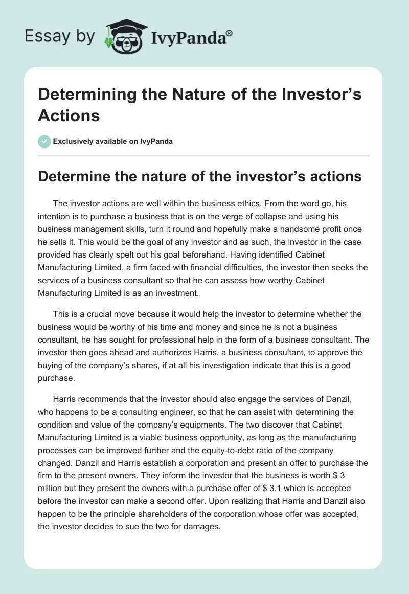 Determining the Nature of the Investor’s Actions. Page 1