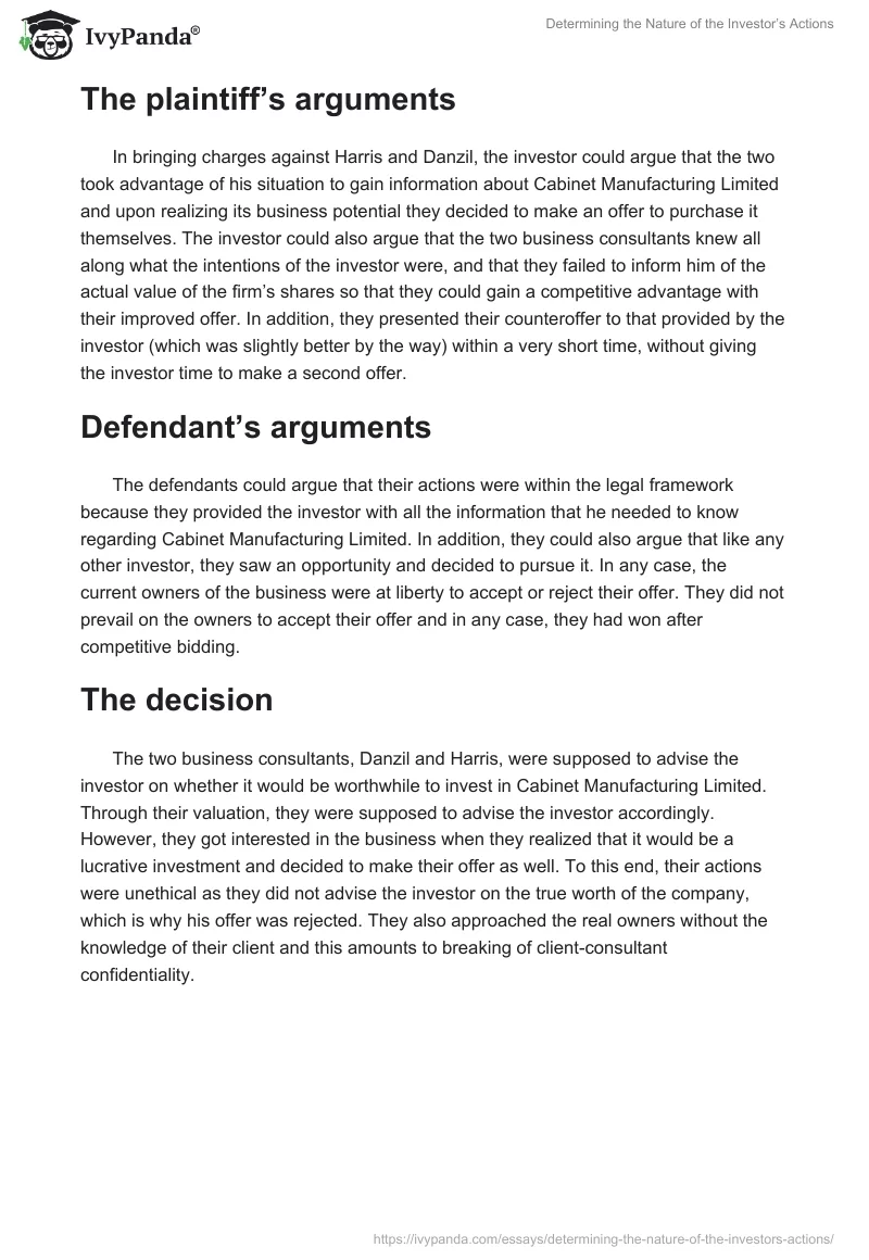 Determining the Nature of the Investor’s Actions. Page 2