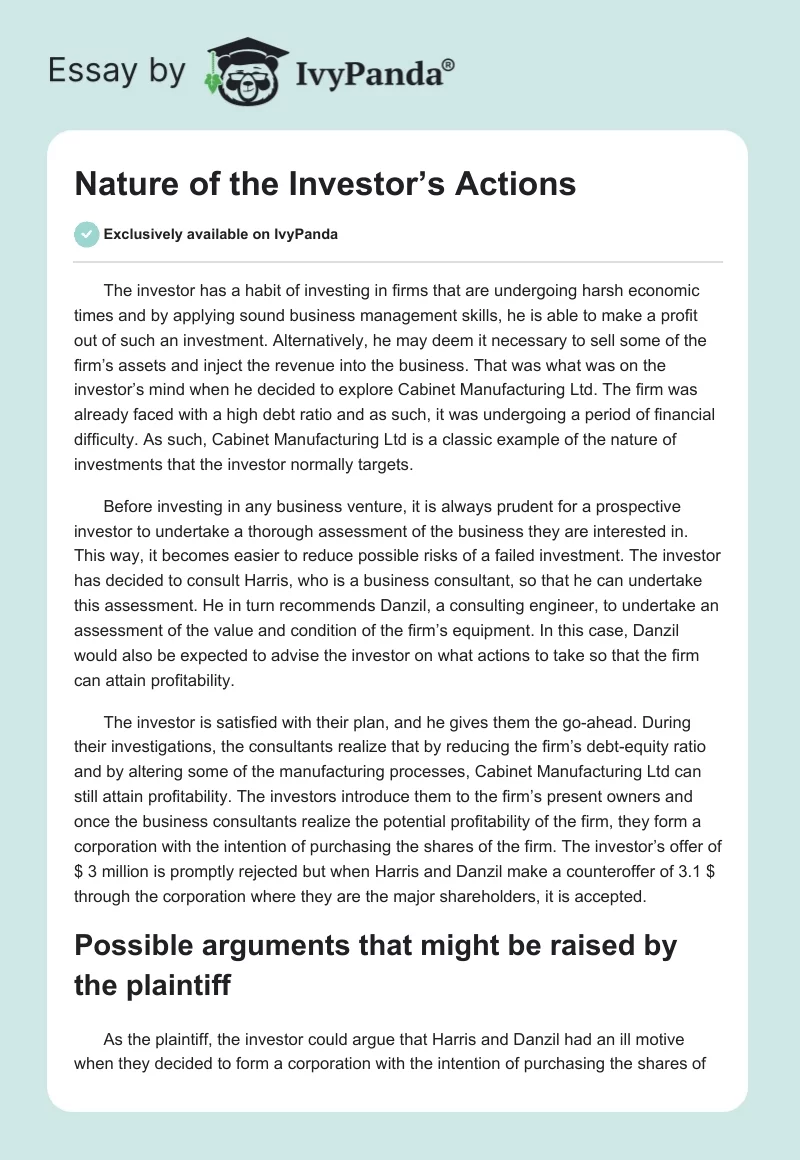 Nature of the Investor’s Actions. Page 1