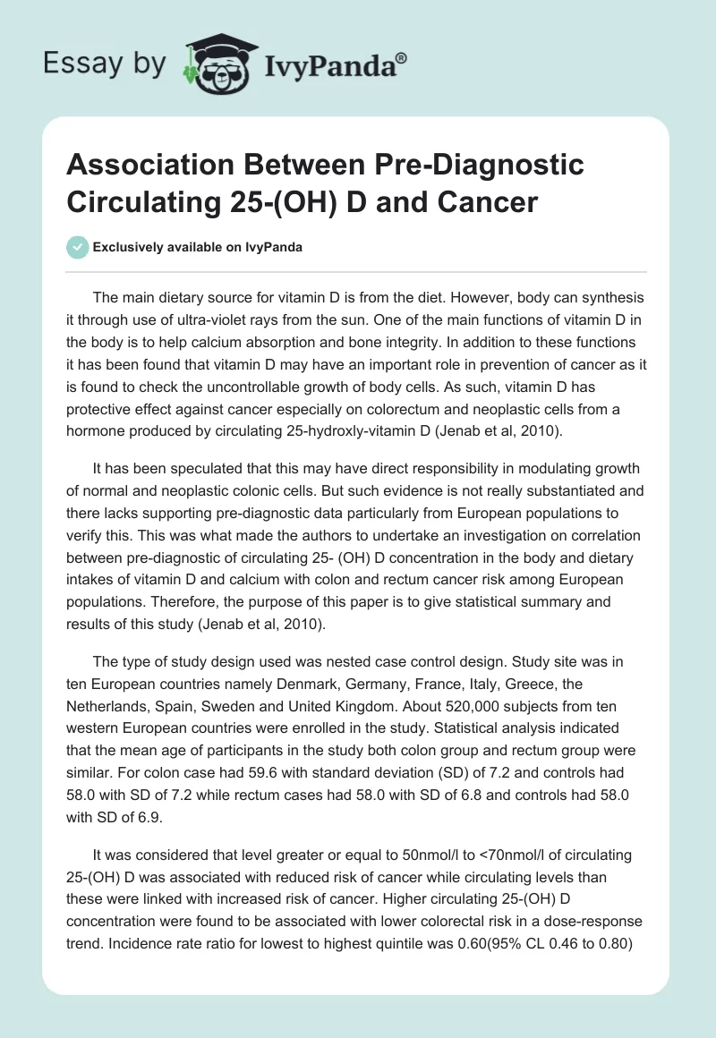Association Between Pre-Diagnostic Circulating 25-(OH) D and Cancer. Page 1