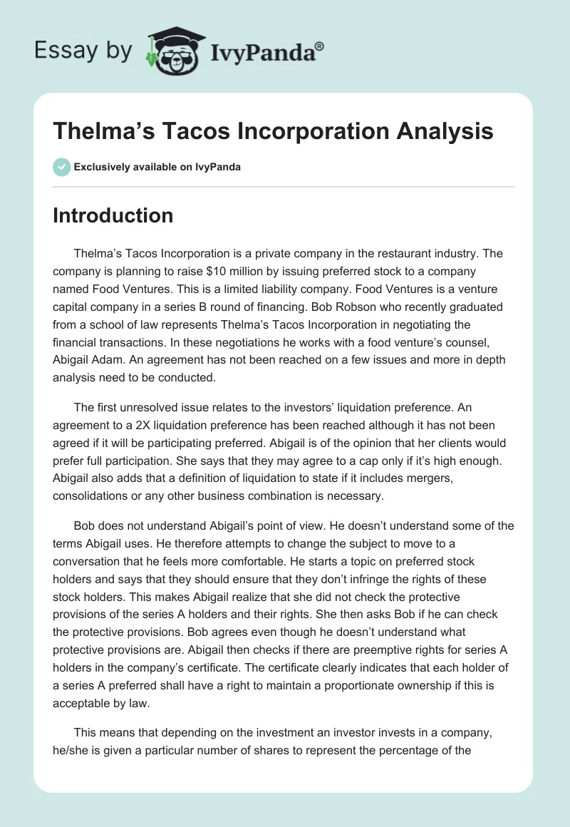 Thelma’s Tacos Incorporation Analysis. Page 1
