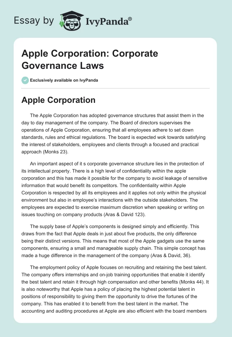 Apple Corporation: Corporate Governance Laws. Page 1
