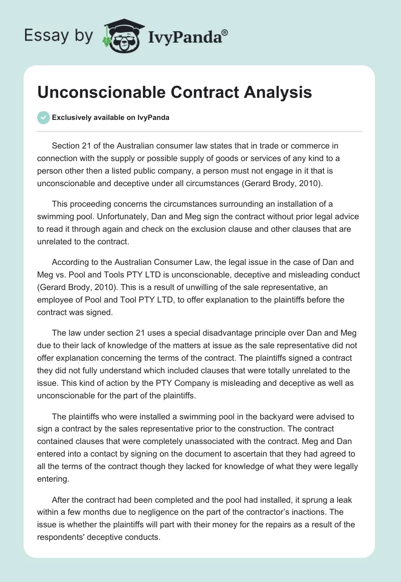 Unconscionable Contract Analysis. Page 1