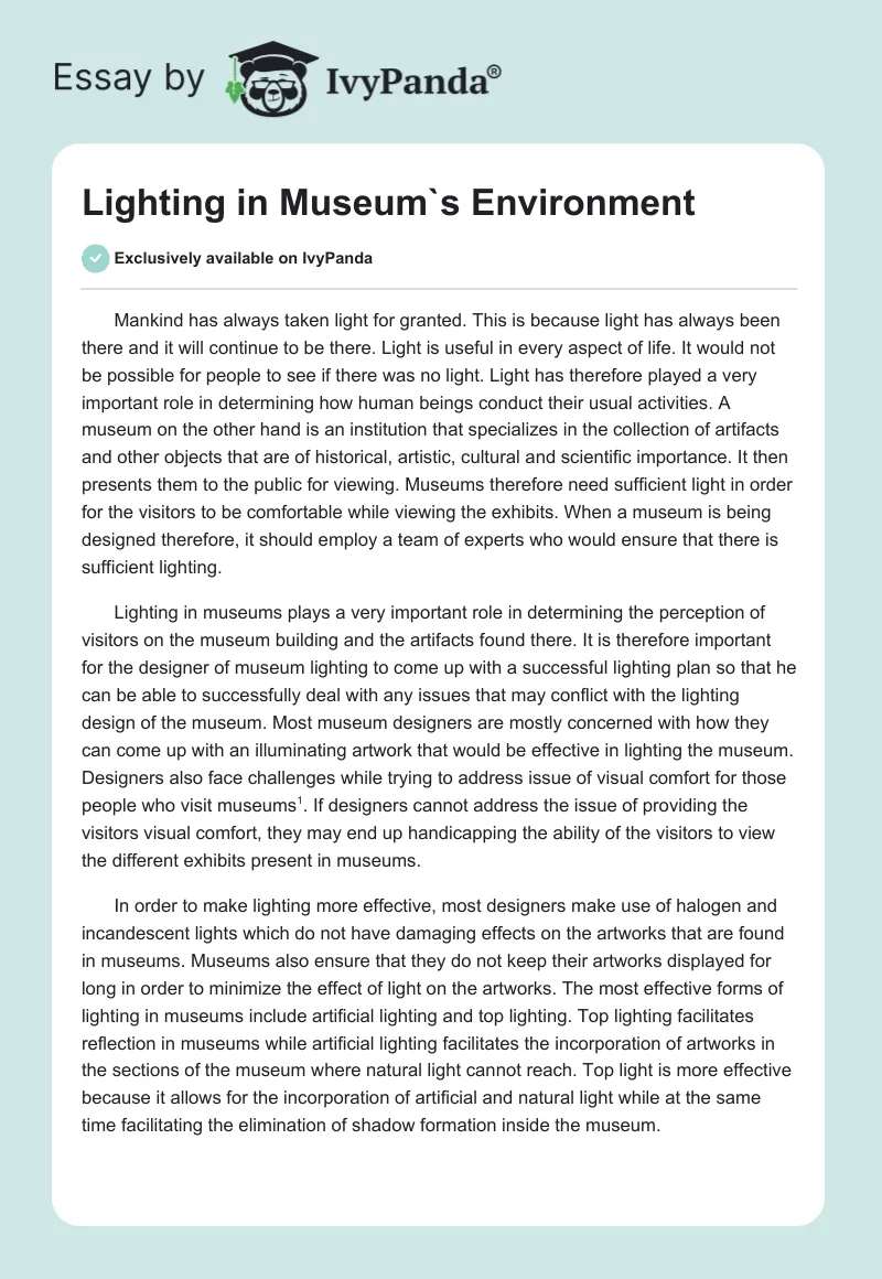 Lighting in Museum`s Environment. Page 1