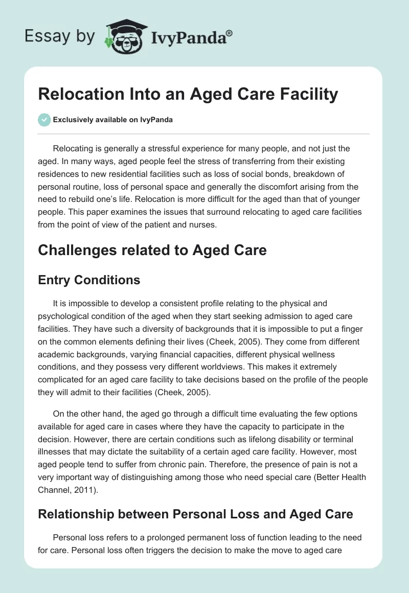 Relocation Into an Aged Care Facility. Page 1