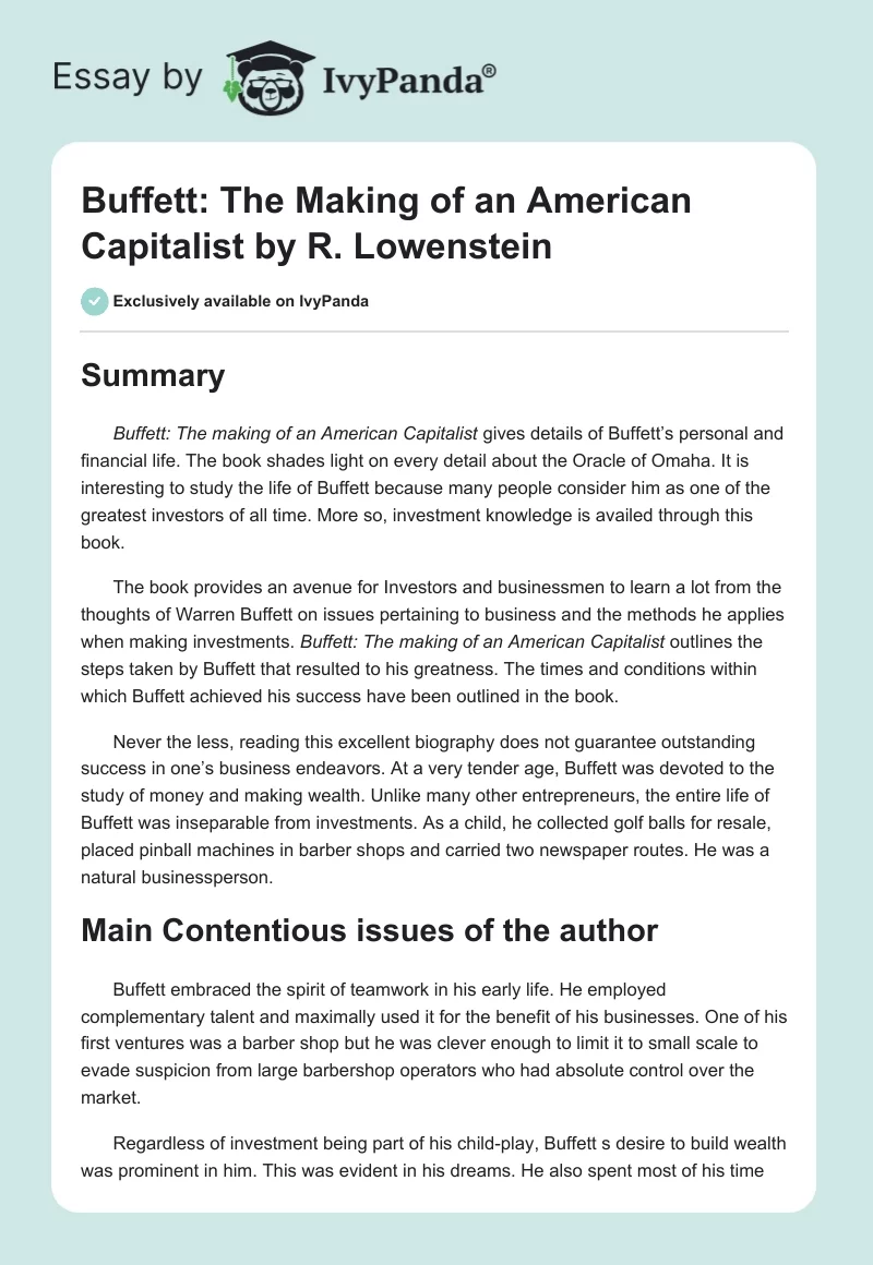 "Buffett: The Making of an American Capitalist" by R. Lowenstein. Page 1
