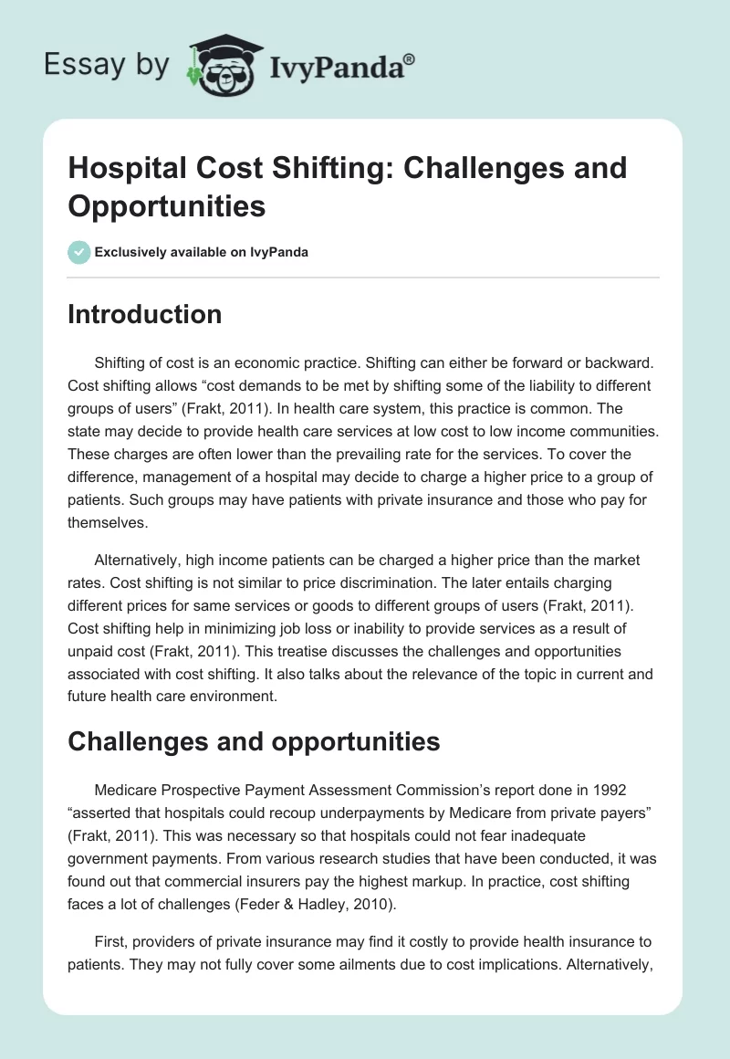 Hospital Cost Shifting: Challenges and Opportunities. Page 1