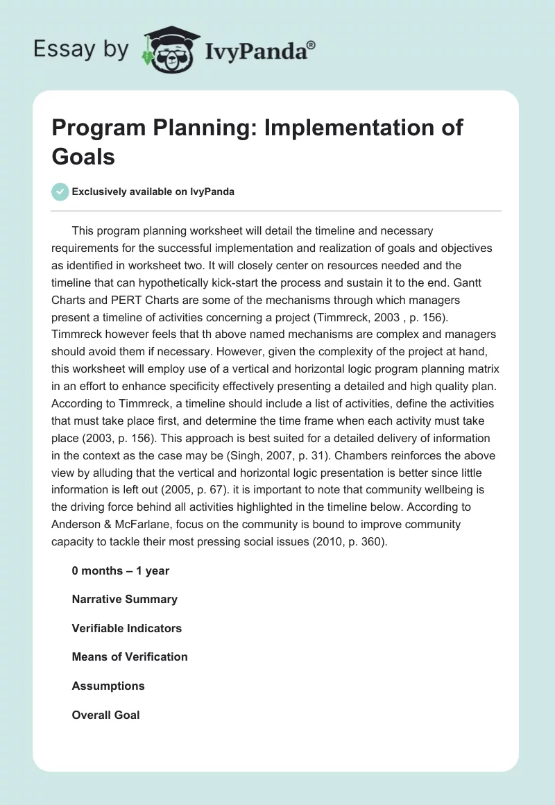 Program Planning: Implementation of Goals. Page 1