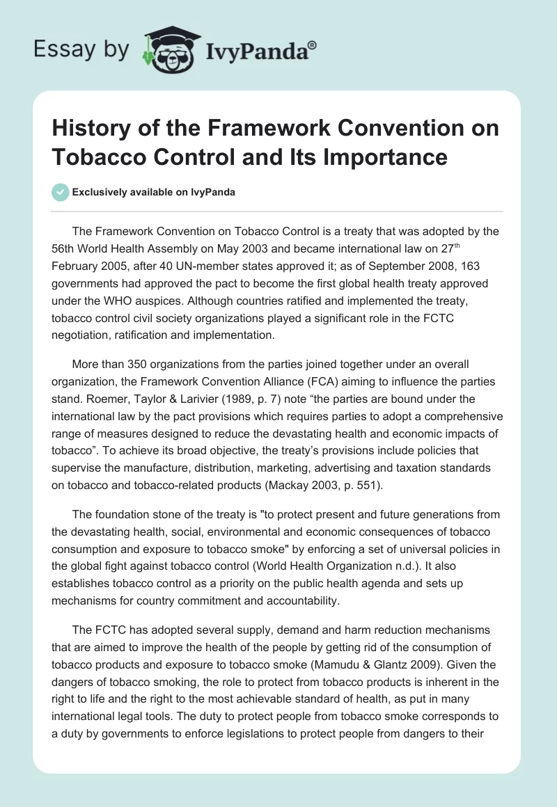 History of the Framework Convention on Tobacco Control and Its Importance. Page 1
